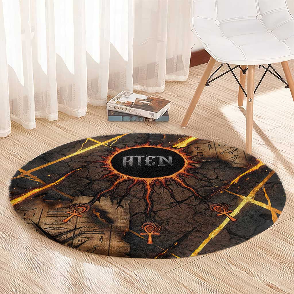 Aten Round Carpet Ancient Egyptian Cracked Stone Hieroglyph, Solar Eclipse Emblem, and Radiant Sunburst - Wonder Print Shop
