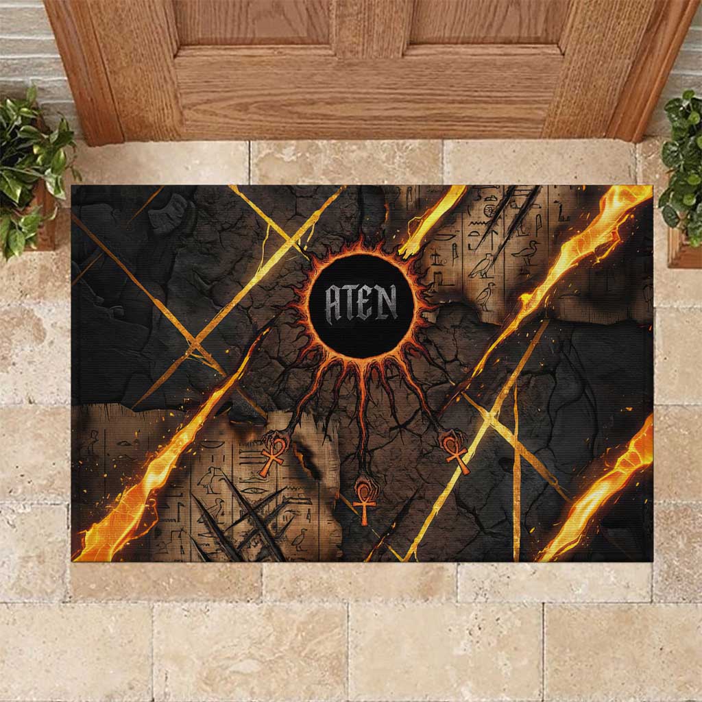 Aten Rubber Doormat Ancient Egyptian Cracked Stone Hieroglyph, Solar Eclipse Emblem, and Radiant Sunburst - Wonder Print Shop