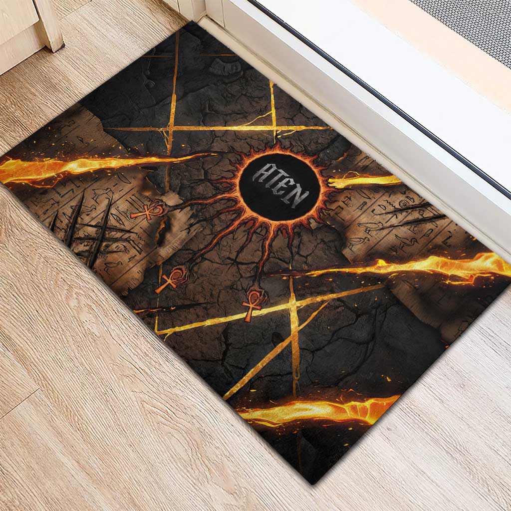 Aten Rubber Doormat Ancient Egyptian Cracked Stone Hieroglyph, Solar Eclipse Emblem, and Radiant Sunburst - Wonder Print Shop