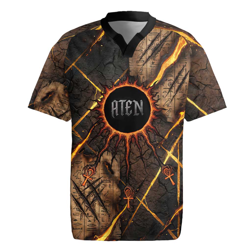 Aten Rugby Jersey Ancient Egyptian Cracked Stone Hieroglyph, Solar Eclipse Emblem, and Radiant Sunburst - Wonder Print Shop
