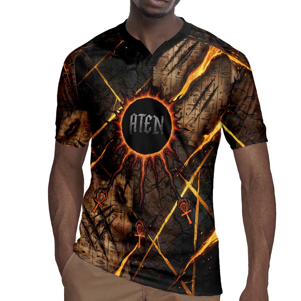 Aten Rugby Jersey Ancient Egyptian Cracked Stone Hieroglyph, Solar Eclipse Emblem, and Radiant Sunburst - Wonder Print Shop