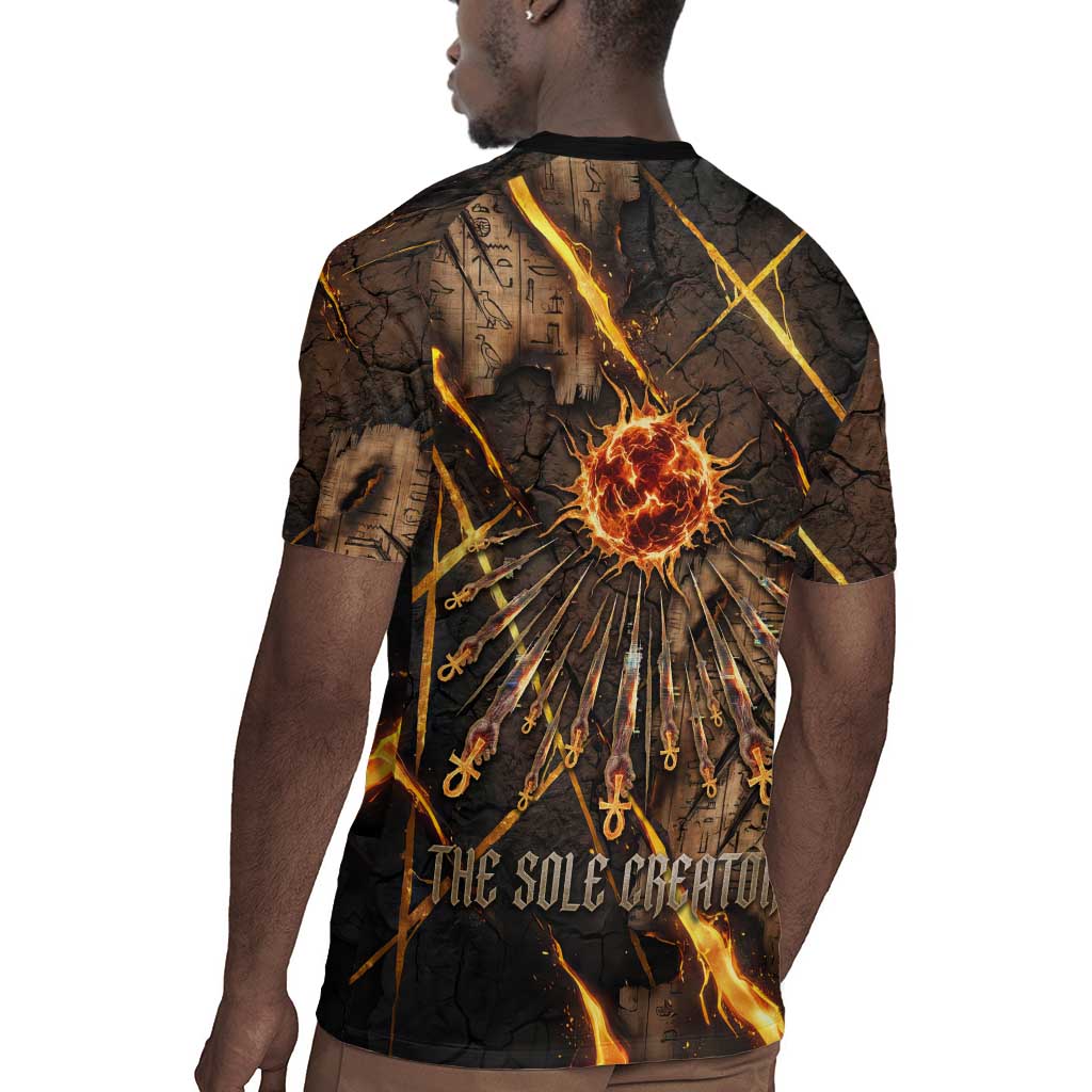 Aten Rugby Jersey Ancient Egyptian Cracked Stone Hieroglyph, Solar Eclipse Emblem, and Radiant Sunburst - Wonder Print Shop