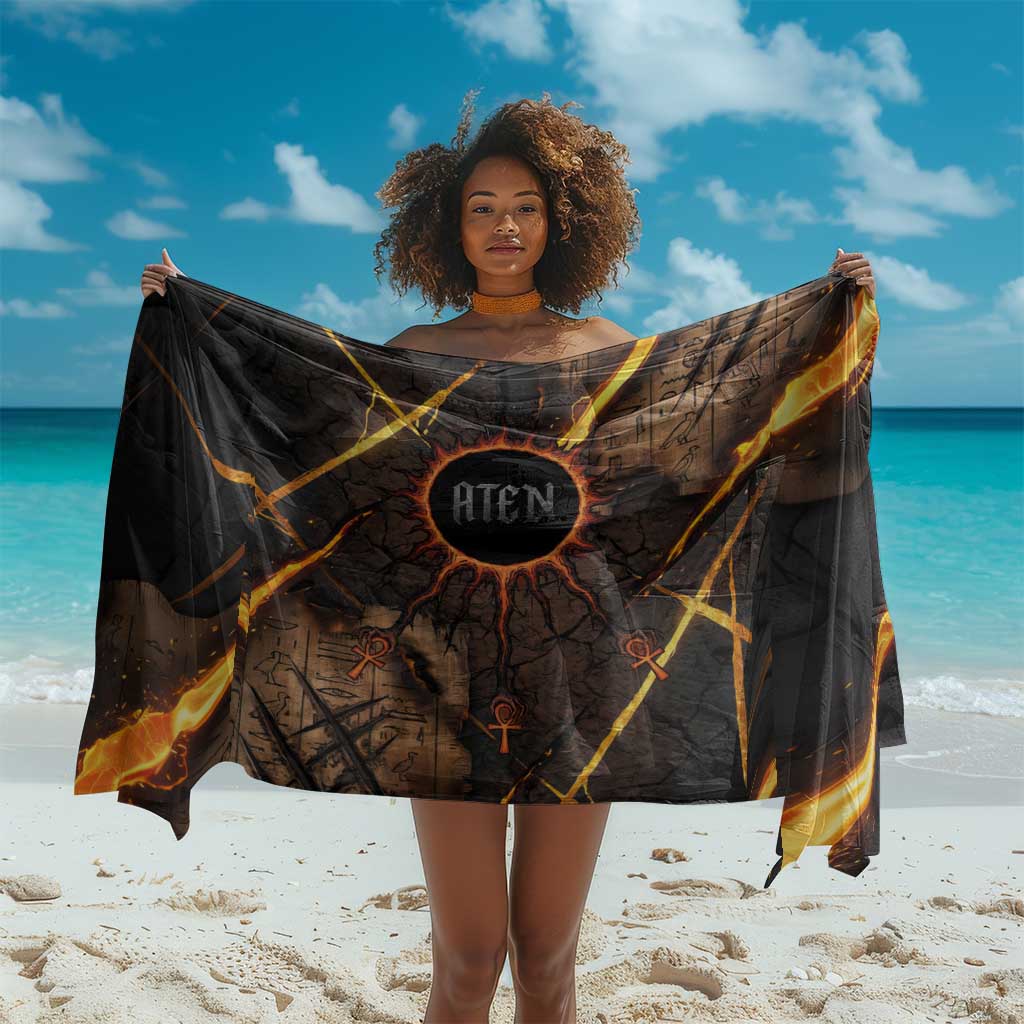 Aten Sarong Ancient Egyptian Cracked Stone Hieroglyph, Solar Eclipse Emblem, and Radiant Sunburst - Wonder Print Shop