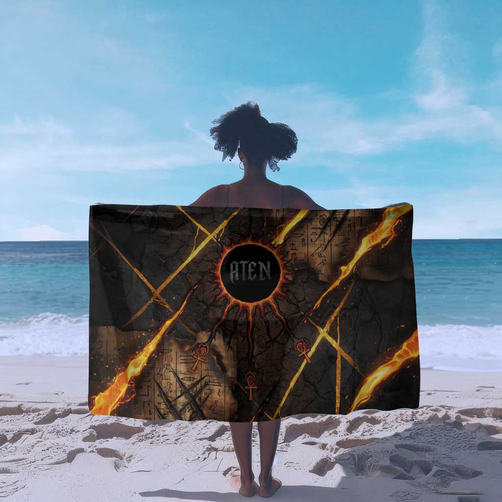 Aten Sarong Ancient Egyptian Cracked Stone Hieroglyph, Solar Eclipse Emblem, and Radiant Sunburst - Wonder Print Shop