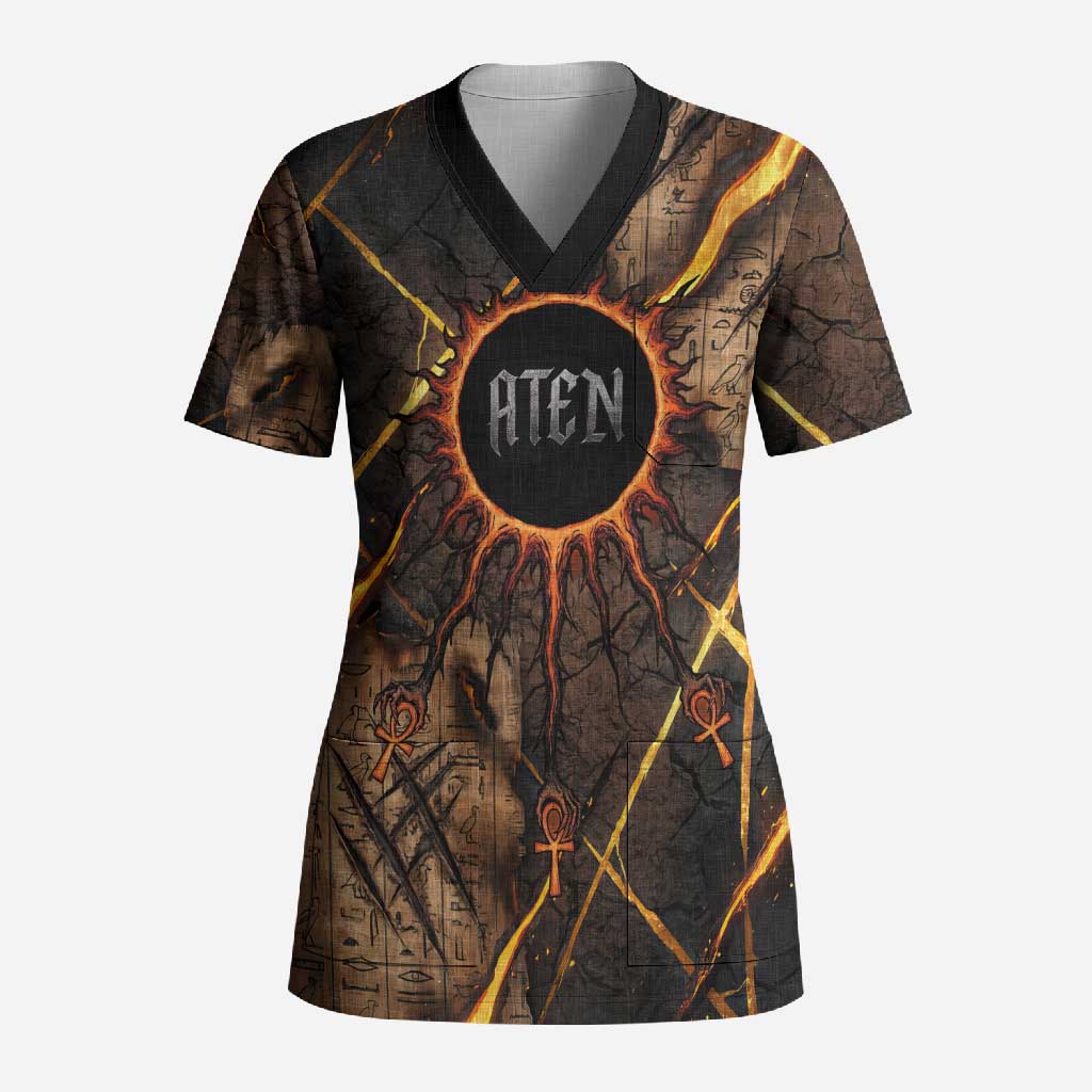 Aten Scrub Top Ancient Egyptian Cracked Stone Hieroglyph, Solar Eclipse Emblem, and Radiant Sunburst - Wonder Print Shop