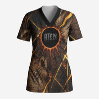 Aten Scrub Top Ancient Egyptian Cracked Stone Hieroglyph, Solar Eclipse Emblem, and Radiant Sunburst - Wonder Print Shop