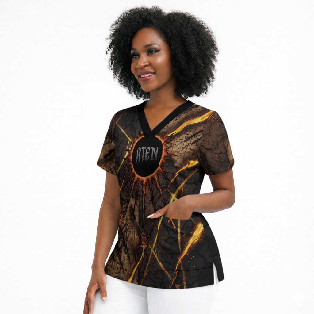 Aten Scrub Top Ancient Egyptian Cracked Stone Hieroglyph, Solar Eclipse Emblem, and Radiant Sunburst - Wonder Print Shop
