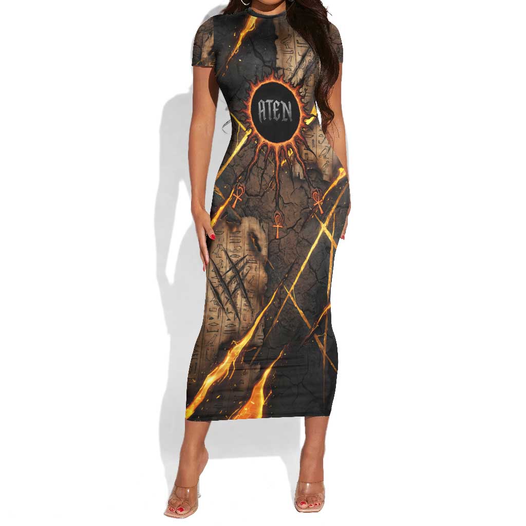 Aten Short Sleeve Bodycon Dress Ancient Egyptian Cracked Stone Hieroglyph, Solar Eclipse Emblem, and Radiant Sunburst - Wonder Print Shop