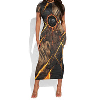 Aten Short Sleeve Bodycon Dress Ancient Egyptian Cracked Stone Hieroglyph, Solar Eclipse Emblem, and Radiant Sunburst - Wonder Print Shop