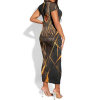 Aten Short Sleeve Bodycon Dress Ancient Egyptian Cracked Stone Hieroglyph, Solar Eclipse Emblem, and Radiant Sunburst - Wonder Print Shop