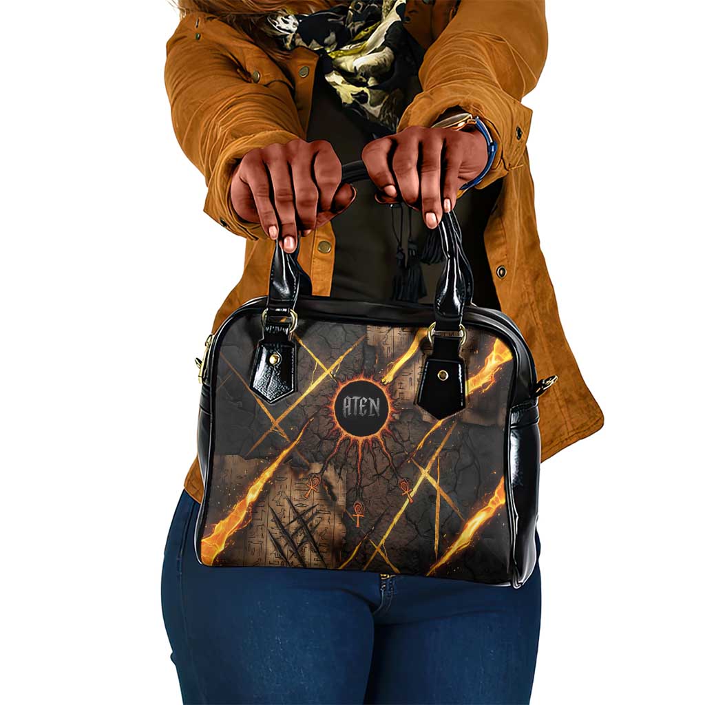 Aten Shoulder Handbag Ancient Egyptian Cracked Stone Hieroglyph, Solar Eclipse Emblem, and Radiant Sunburst - Wonder Print Shop