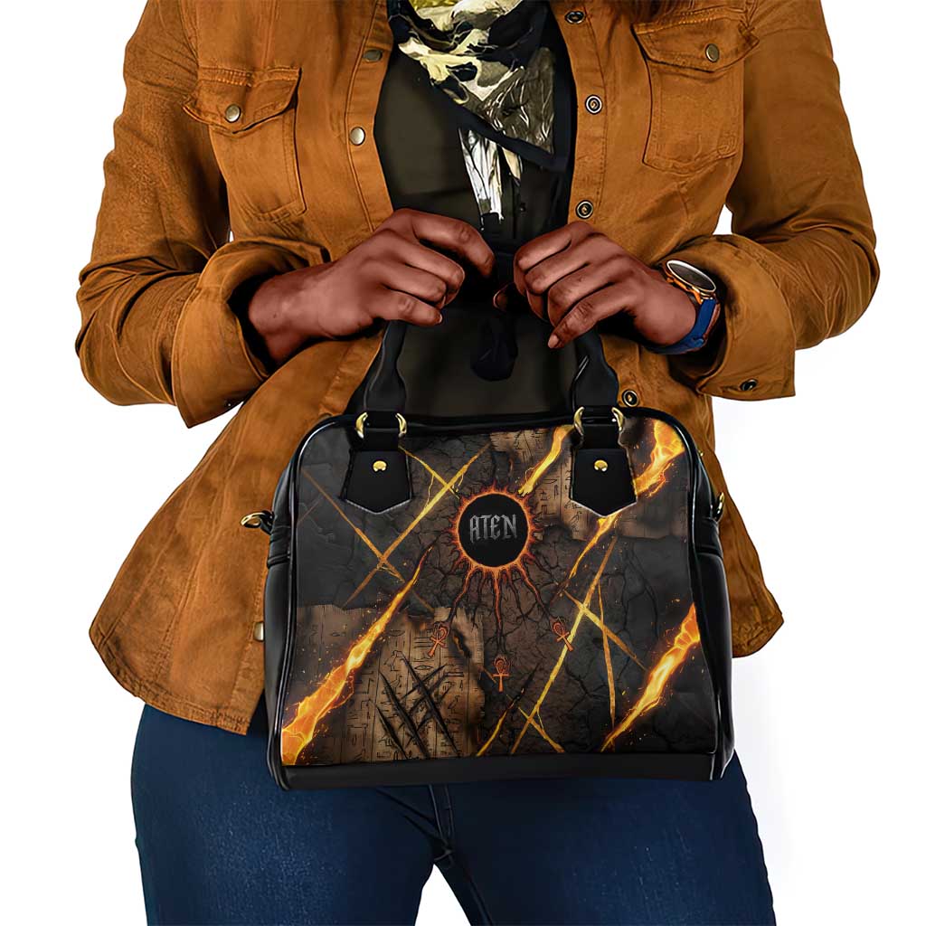 Aten Shoulder Handbag Ancient Egyptian Cracked Stone Hieroglyph, Solar Eclipse Emblem, and Radiant Sunburst - Wonder Print Shop