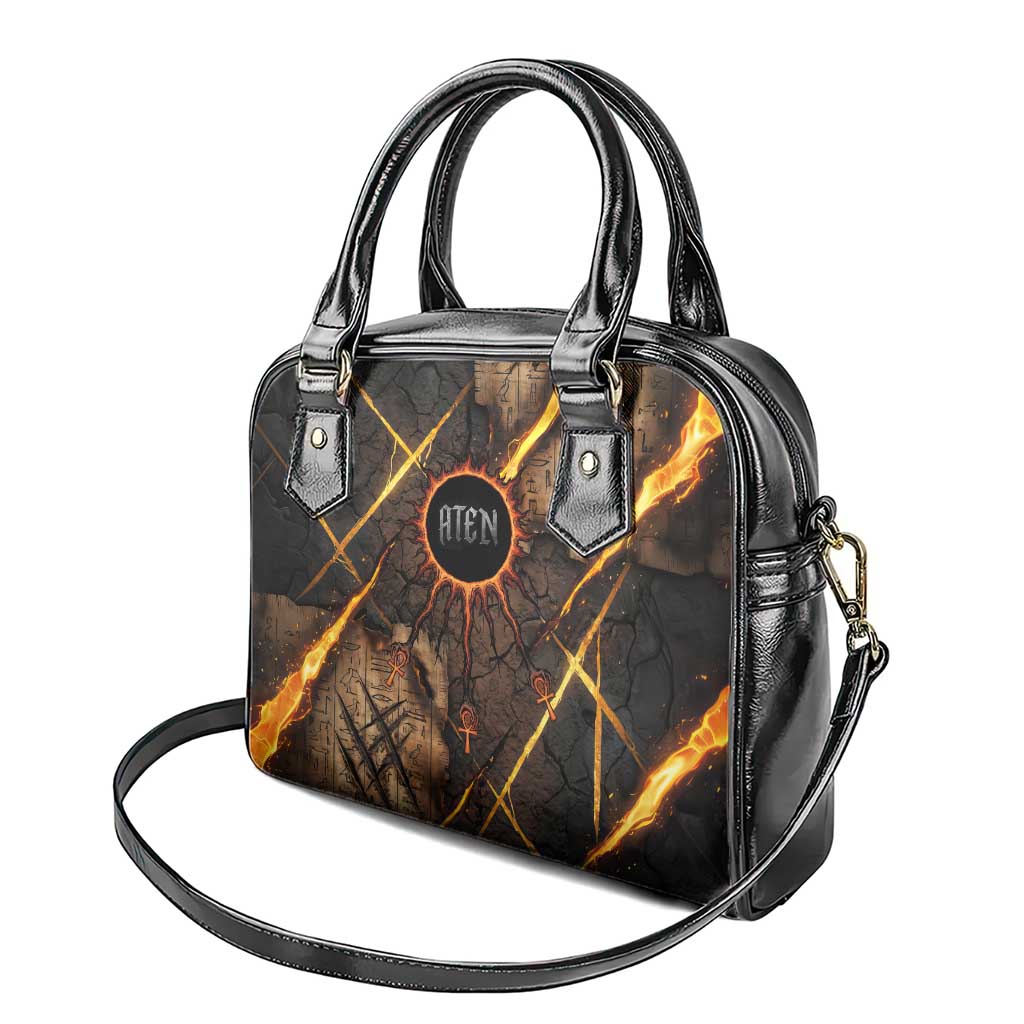 Aten Shoulder Handbag Ancient Egyptian Cracked Stone Hieroglyph, Solar Eclipse Emblem, and Radiant Sunburst - Wonder Print Shop