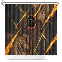 Aten Shower Curtain Ancient Egyptian Cracked Stone Hieroglyph, Solar Eclipse Emblem, and Radiant Sunburst - Wonder Print Shop
