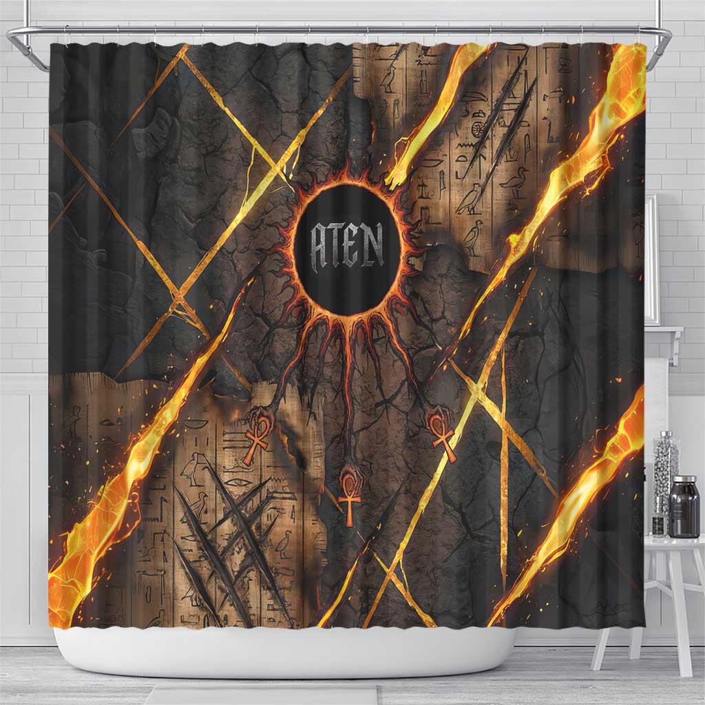 Aten Shower Curtain Ancient Egyptian Cracked Stone Hieroglyph, Solar Eclipse Emblem, and Radiant Sunburst - Wonder Print Shop