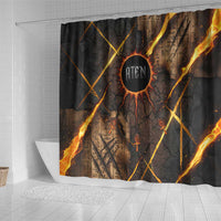 Aten Shower Curtain Ancient Egyptian Cracked Stone Hieroglyph, Solar Eclipse Emblem, and Radiant Sunburst - Wonder Print Shop