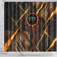 Aten Shower Curtain Ancient Egyptian Cracked Stone Hieroglyph, Solar Eclipse Emblem, and Radiant Sunburst - Wonder Print Shop