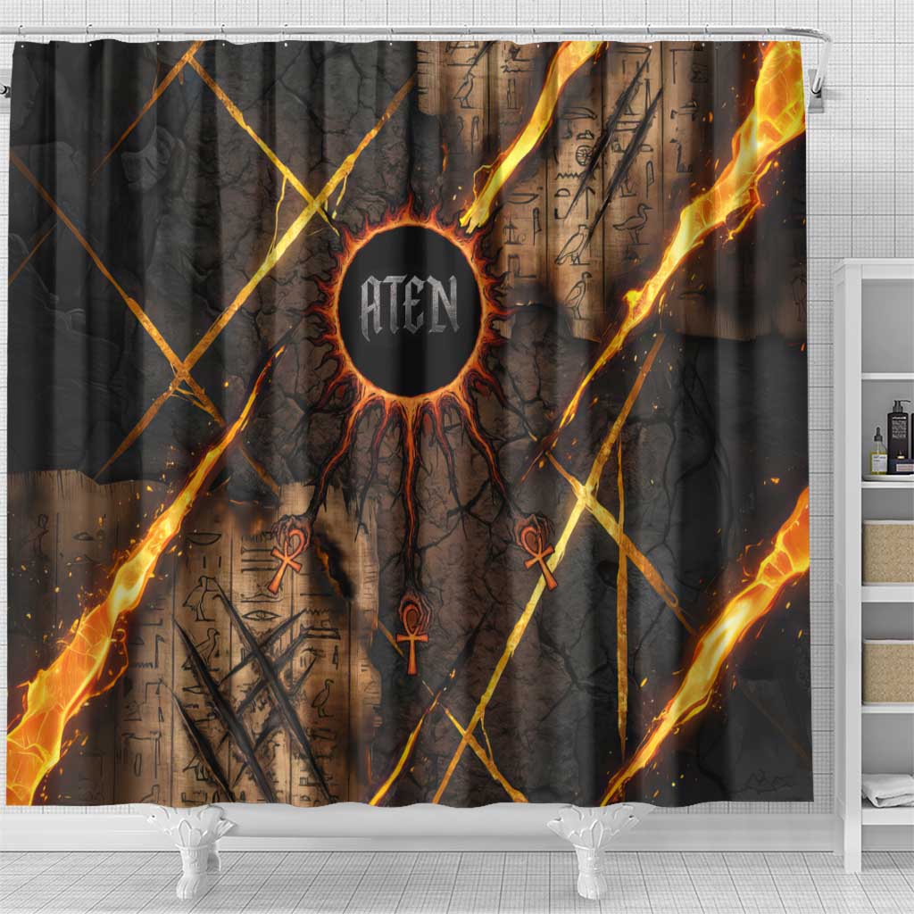 Aten Shower Curtain Ancient Egyptian Cracked Stone Hieroglyph, Solar Eclipse Emblem, and Radiant Sunburst - Wonder Print Shop