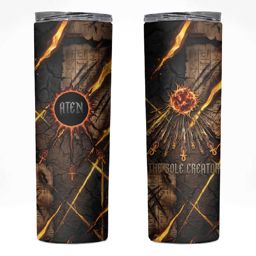 Aten Skinny Tumbler Ancient Egyptian Cracked Stone Hieroglyph, Solar Eclipse Emblem, and Radiant Sunburst - Wonder Print Shop