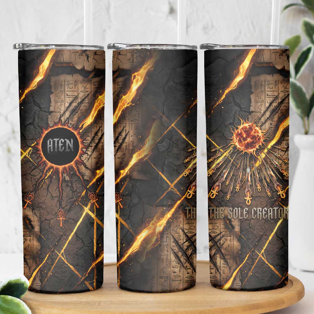 Aten Skinny Tumbler Ancient Egyptian Cracked Stone Hieroglyph, Solar Eclipse Emblem, and Radiant Sunburst - Wonder Print Shop