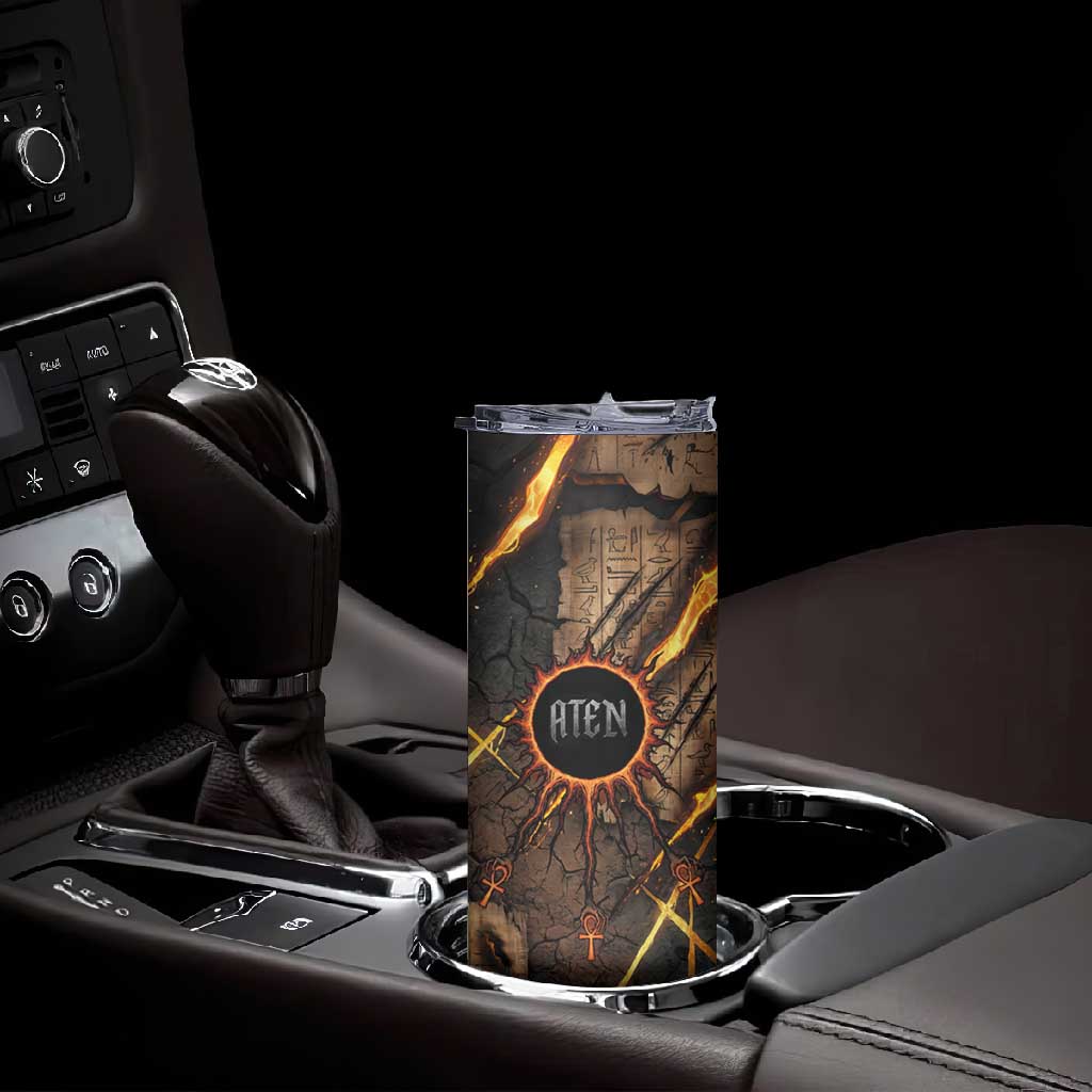 Aten Skinny Tumbler Ancient Egyptian Cracked Stone Hieroglyph, Solar Eclipse Emblem, and Radiant Sunburst - Wonder Print Shop