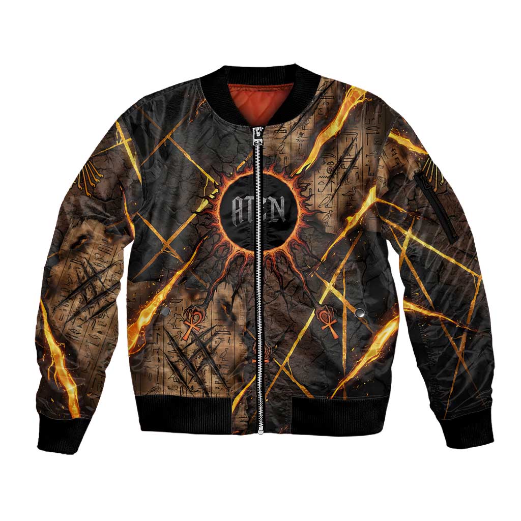Aten Sleeve Zip Bomber Jacket Ancient Egyptian Cracked Stone Hieroglyph, Solar Eclipse Emblem, and Radiant Sunburst - Wonder Print Shop