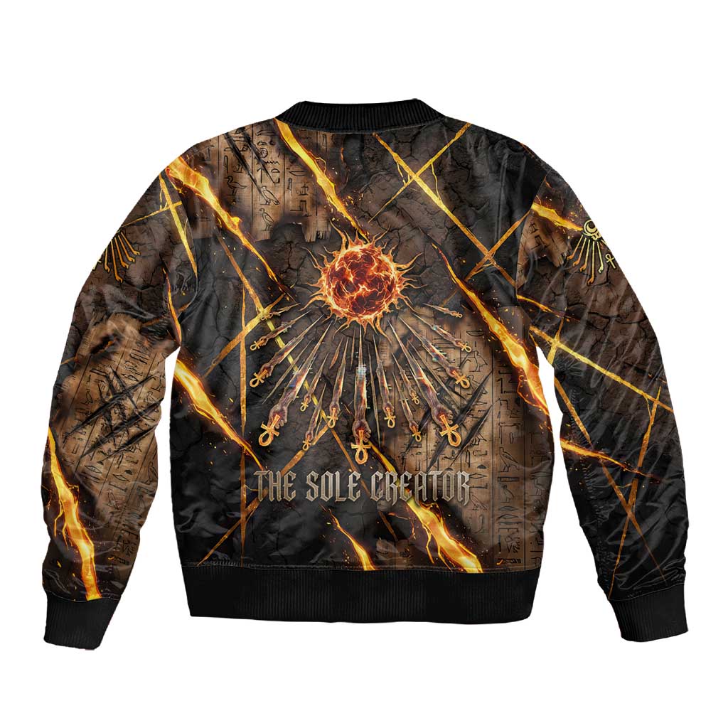 Aten Sleeve Zip Bomber Jacket Ancient Egyptian Cracked Stone Hieroglyph, Solar Eclipse Emblem, and Radiant Sunburst - Wonder Print Shop