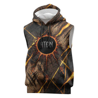 Aten Sleeveless Hoodie Ancient Egyptian Cracked Stone Hieroglyph, Solar Eclipse Emblem, and Radiant Sunburst - Wonder Print Shop