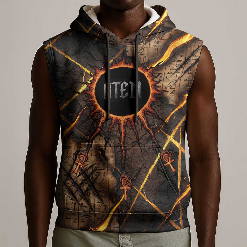 Aten Sleeveless Hoodie Ancient Egyptian Cracked Stone Hieroglyph, Solar Eclipse Emblem, and Radiant Sunburst - Wonder Print Shop