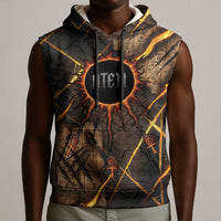 Aten Sleeveless Hoodie Ancient Egyptian Cracked Stone Hieroglyph, Solar Eclipse Emblem, and Radiant Sunburst - Wonder Print Shop