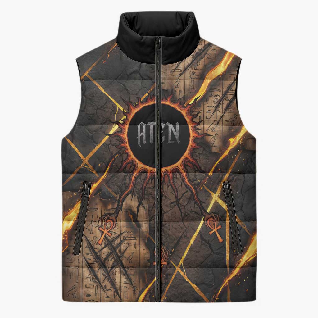 Aten Sleeveless Puffer Jacket Ancient Egyptian Cracked Stone Hieroglyph, Solar Eclipse Emblem, and Radiant Sunburst - Wonder Print Shop