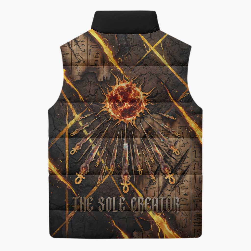 Aten Sleeveless Puffer Jacket Ancient Egyptian Cracked Stone Hieroglyph, Solar Eclipse Emblem, and Radiant Sunburst - Wonder Print Shop