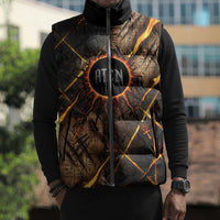 Aten Sleeveless Puffer Jacket Ancient Egyptian Cracked Stone Hieroglyph, Solar Eclipse Emblem, and Radiant Sunburst - Wonder Print Shop