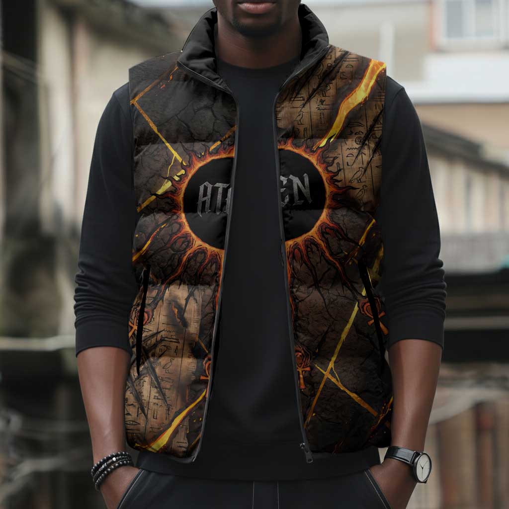 Aten Sleeveless Puffer Jacket Ancient Egyptian Cracked Stone Hieroglyph, Solar Eclipse Emblem, and Radiant Sunburst - Wonder Print Shop