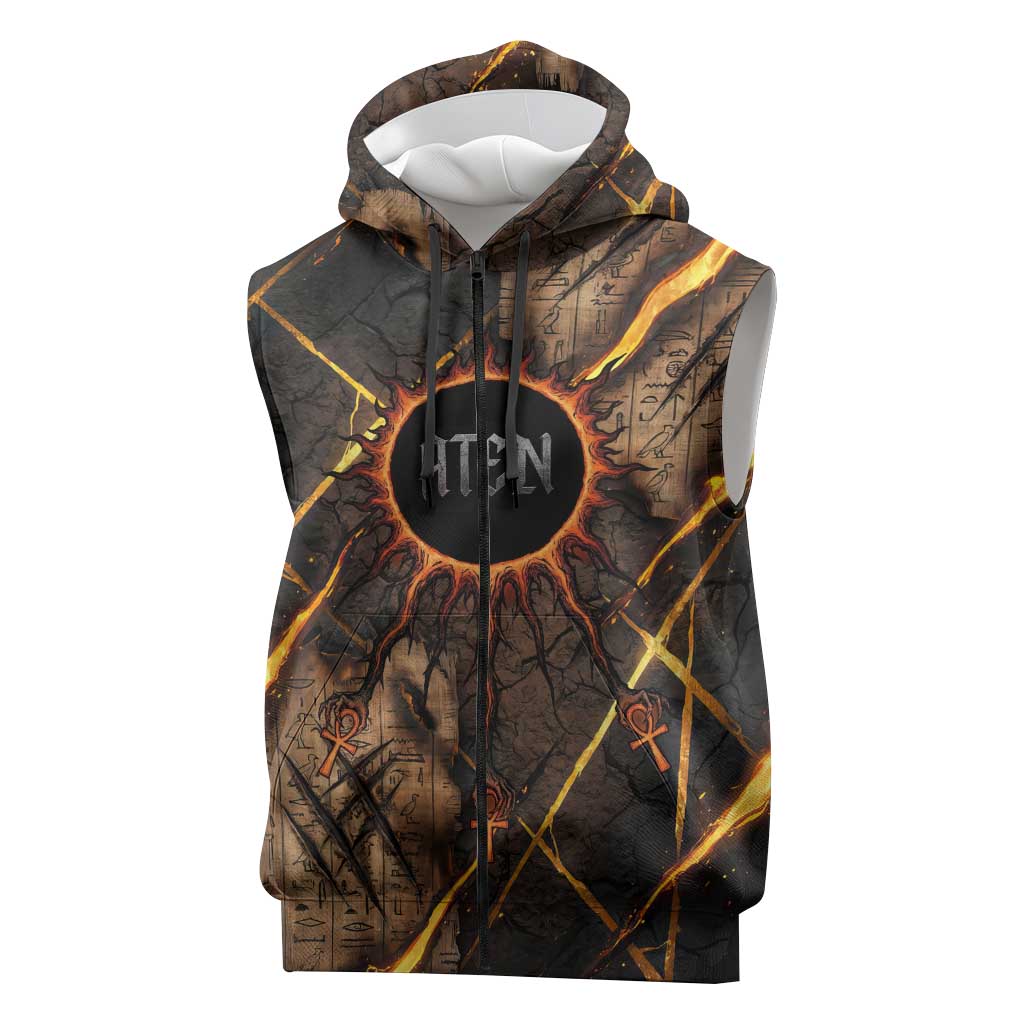 Aten Sleeveless Zip Hoodie Ancient Egyptian Cracked Stone Hieroglyph, Solar Eclipse Emblem, and Radiant Sunburst - Wonder Print Shop