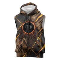 Aten Sleeveless Zip Hoodie Ancient Egyptian Cracked Stone Hieroglyph, Solar Eclipse Emblem, and Radiant Sunburst - Wonder Print Shop