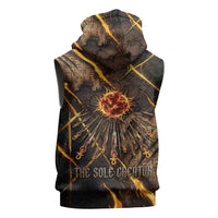 Aten Sleeveless Zip Hoodie Ancient Egyptian Cracked Stone Hieroglyph, Solar Eclipse Emblem, and Radiant Sunburst - Wonder Print Shop