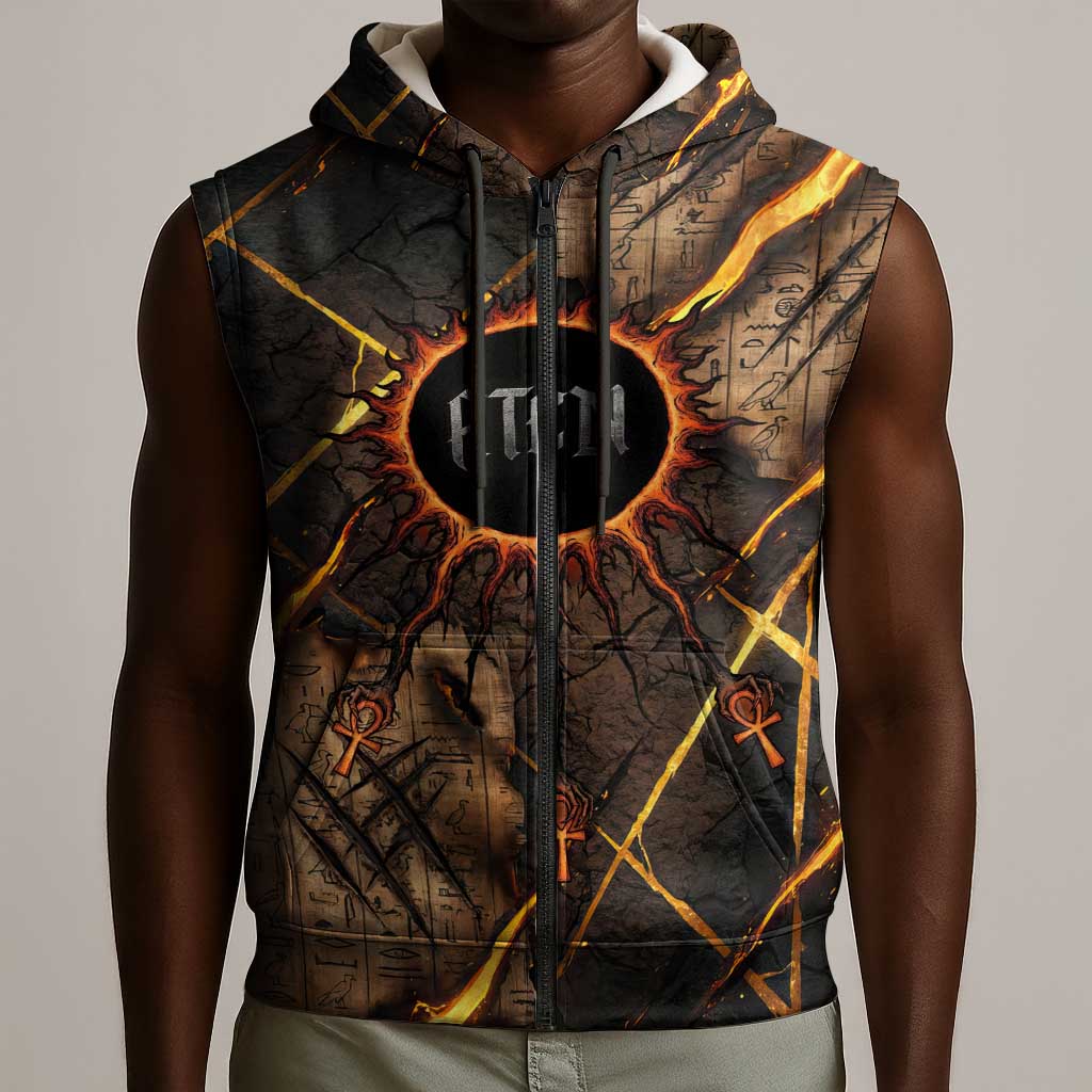 Aten Sleeveless Zip Hoodie Ancient Egyptian Cracked Stone Hieroglyph, Solar Eclipse Emblem, and Radiant Sunburst - Wonder Print Shop