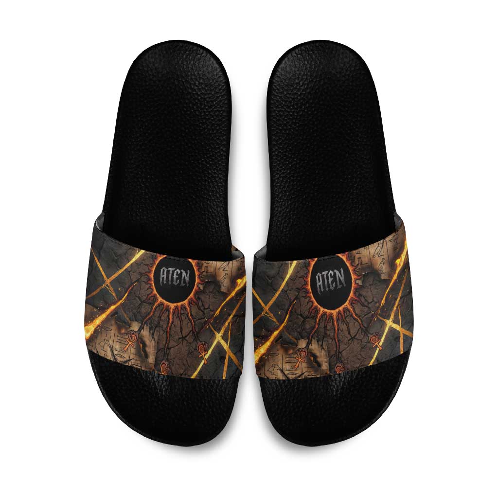 Aten Slide Sandals Ancient Egyptian Cracked Stone Hieroglyph, Solar Eclipse Emblem, and Radiant Sunburst - Wonder Print Shop