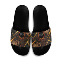 Aten Slide Sandals Ancient Egyptian Cracked Stone Hieroglyph, Solar Eclipse Emblem, and Radiant Sunburst - Wonder Print Shop