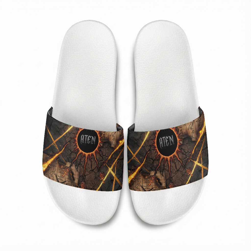 Aten Slide Sandals Ancient Egyptian Cracked Stone Hieroglyph, Solar Eclipse Emblem, and Radiant Sunburst - Wonder Print Shop