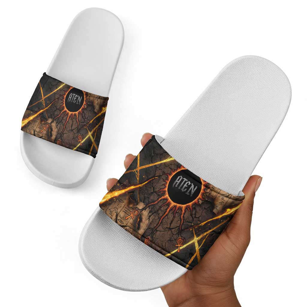 Aten Slide Sandals Ancient Egyptian Cracked Stone Hieroglyph, Solar Eclipse Emblem, and Radiant Sunburst - Wonder Print Shop