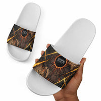Aten Slide Sandals Ancient Egyptian Cracked Stone Hieroglyph, Solar Eclipse Emblem, and Radiant Sunburst - Wonder Print Shop