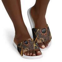 Aten Slide Sandals Ancient Egyptian Cracked Stone Hieroglyph, Solar Eclipse Emblem, and Radiant Sunburst - Wonder Print Shop