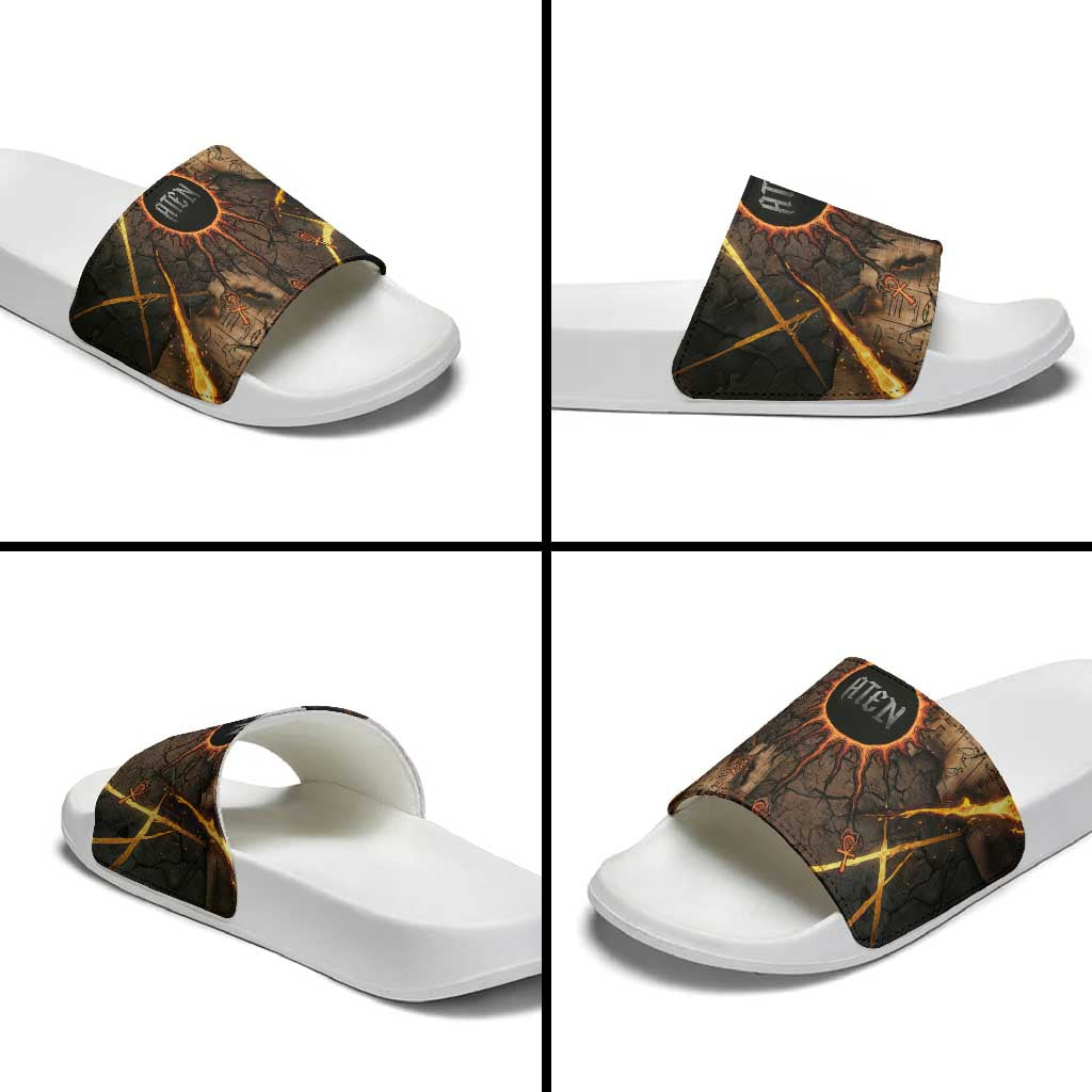 Aten Slide Sandals Ancient Egyptian Cracked Stone Hieroglyph, Solar Eclipse Emblem, and Radiant Sunburst - Wonder Print Shop