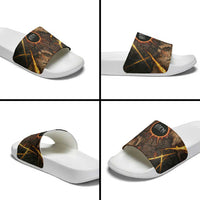 Aten Slide Sandals Ancient Egyptian Cracked Stone Hieroglyph, Solar Eclipse Emblem, and Radiant Sunburst - Wonder Print Shop