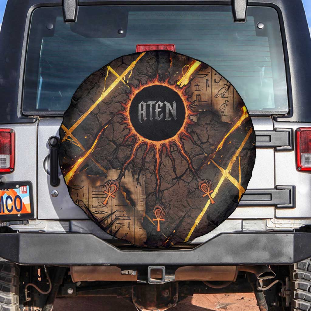 Aten Spare Tire Cover Ancient Egyptian Cracked Stone Hieroglyph, Solar Eclipse Emblem, and Radiant Sunburst - Wonder Print Shop