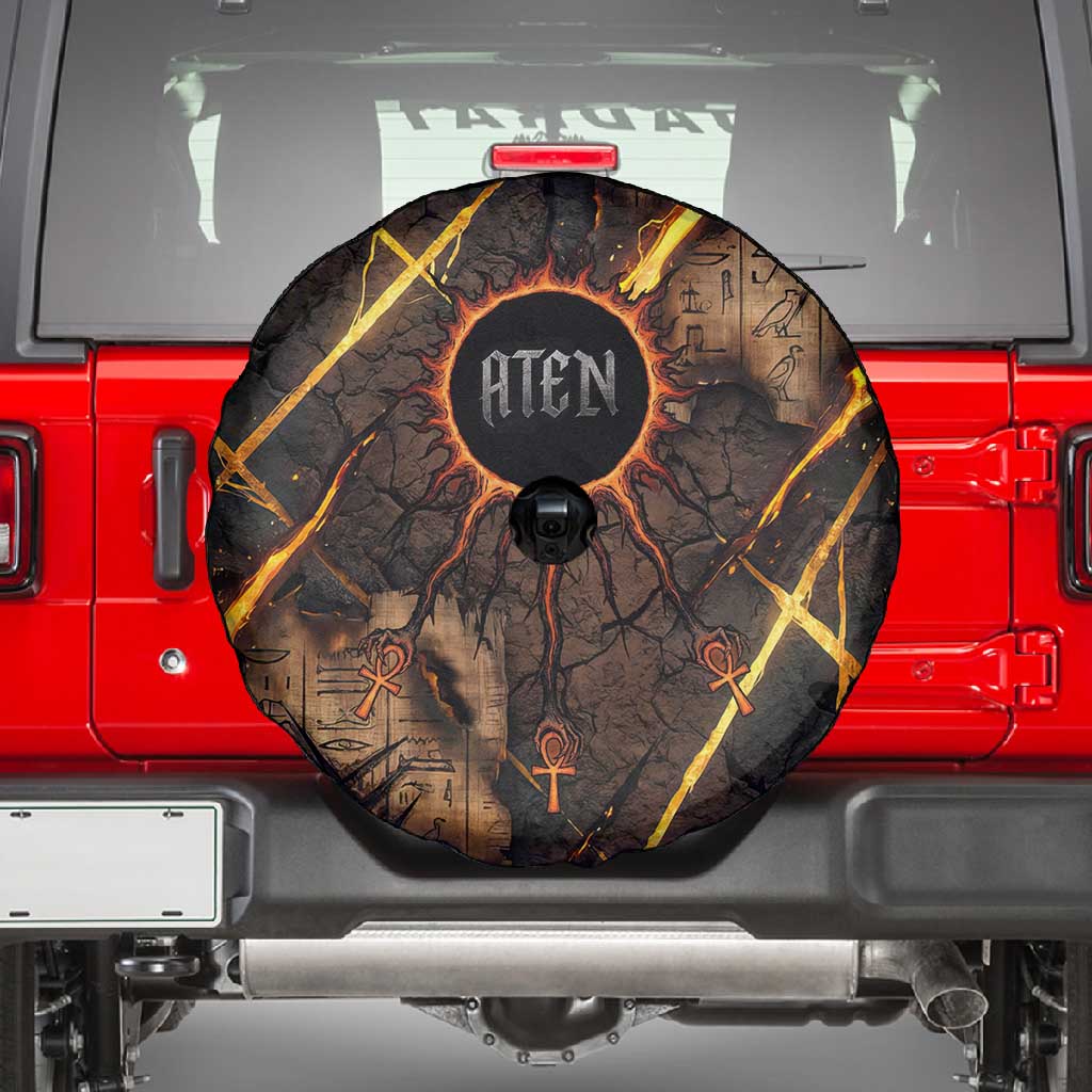 Aten Spare Tire Cover Ancient Egyptian Cracked Stone Hieroglyph, Solar Eclipse Emblem, and Radiant Sunburst - Wonder Print Shop