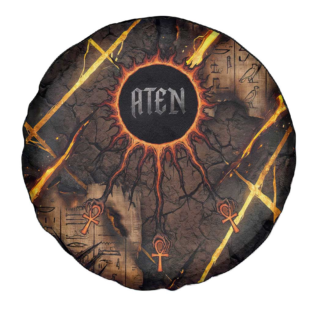 Aten Spare Tire Cover Ancient Egyptian Cracked Stone Hieroglyph, Solar Eclipse Emblem, and Radiant Sunburst - Wonder Print Shop