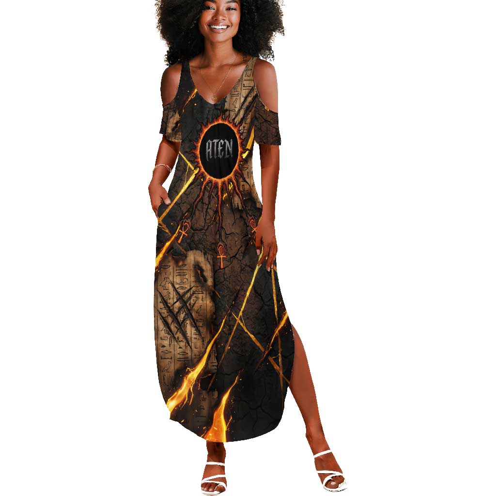 Aten Summer Maxi Dress Ancient Egyptian Cracked Stone Hieroglyph, Solar Eclipse Emblem, and Radiant Sunburst - Wonder Print Shop